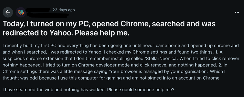 Chrome constantly redirecting to Yahoo Reddit
