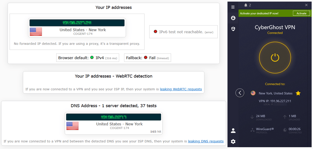 CyberGhost VPN DNS leak test