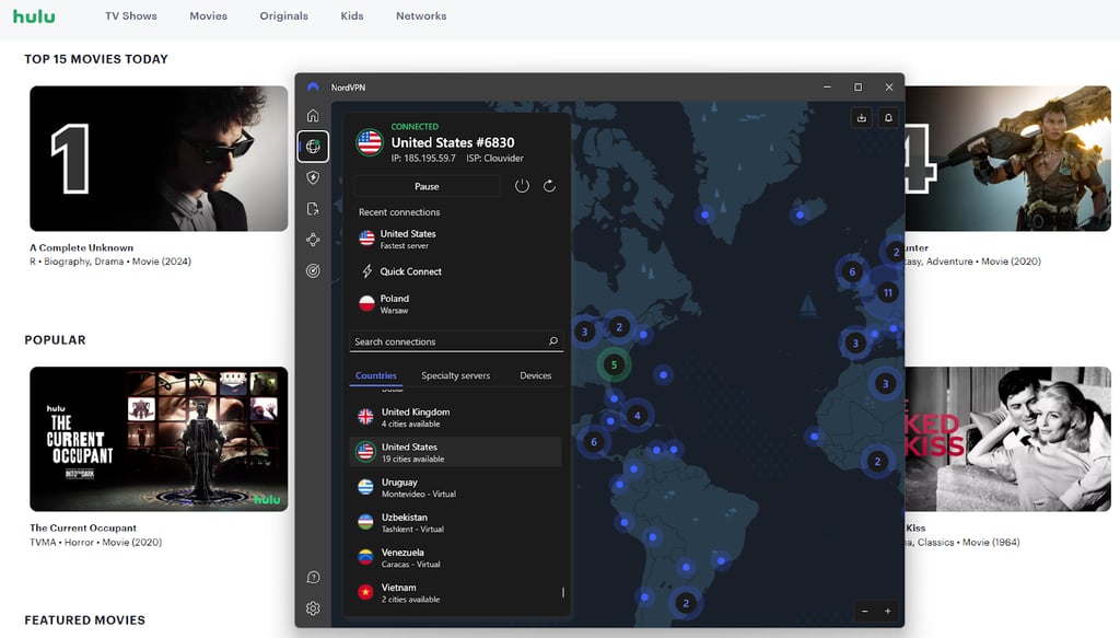 Hulu accessed outside the US with NordVPN