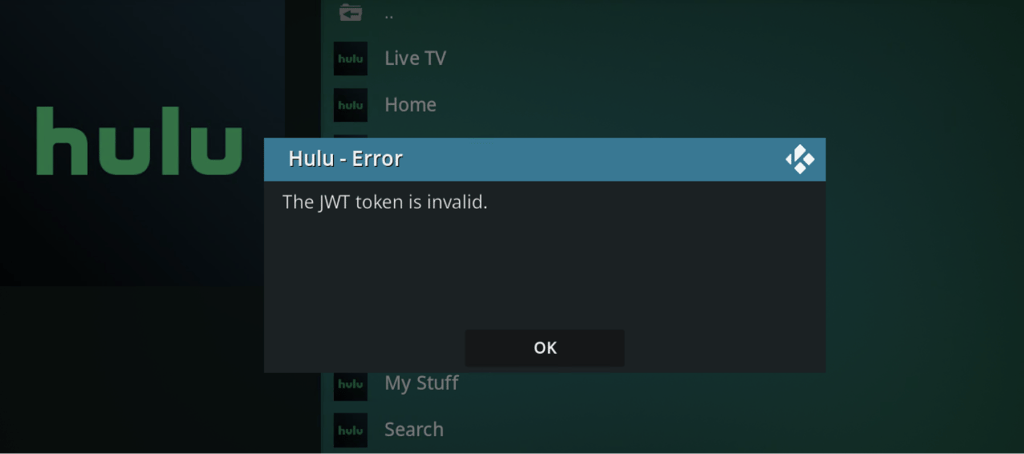 Hulu JWT token is invalid error message on Kodi without a VPN