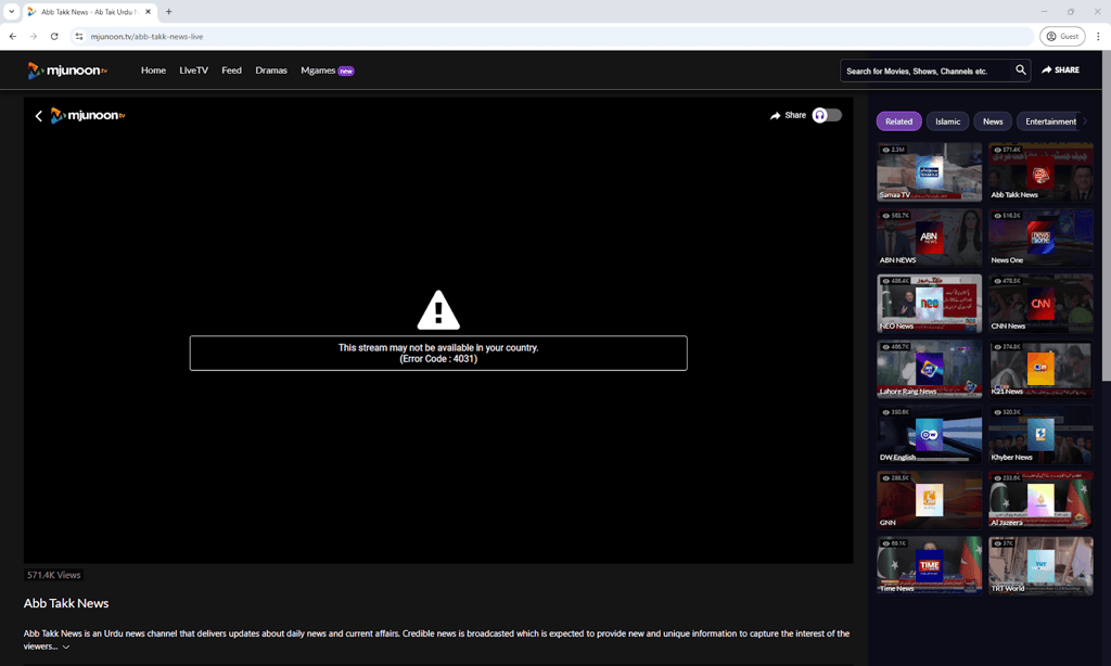 Mjunoon.tv unavailable outside of Pakistan error message