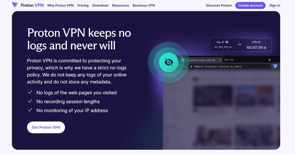 Proton VPN website no-logs policy statement with key point