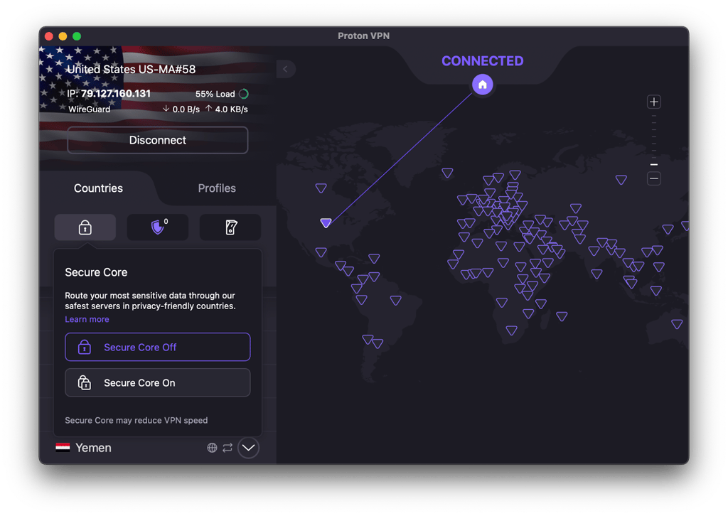 Proton VPN interface with Secure Core feature selection