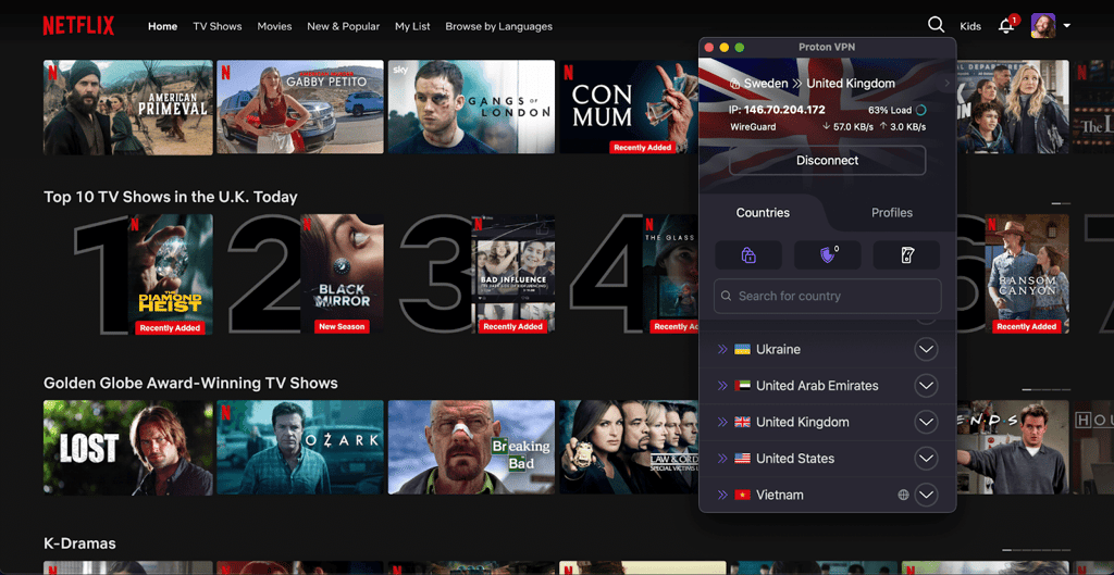 Netflix library unblocked with Proton VPN