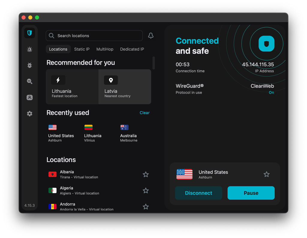 Surfshark VPN interface