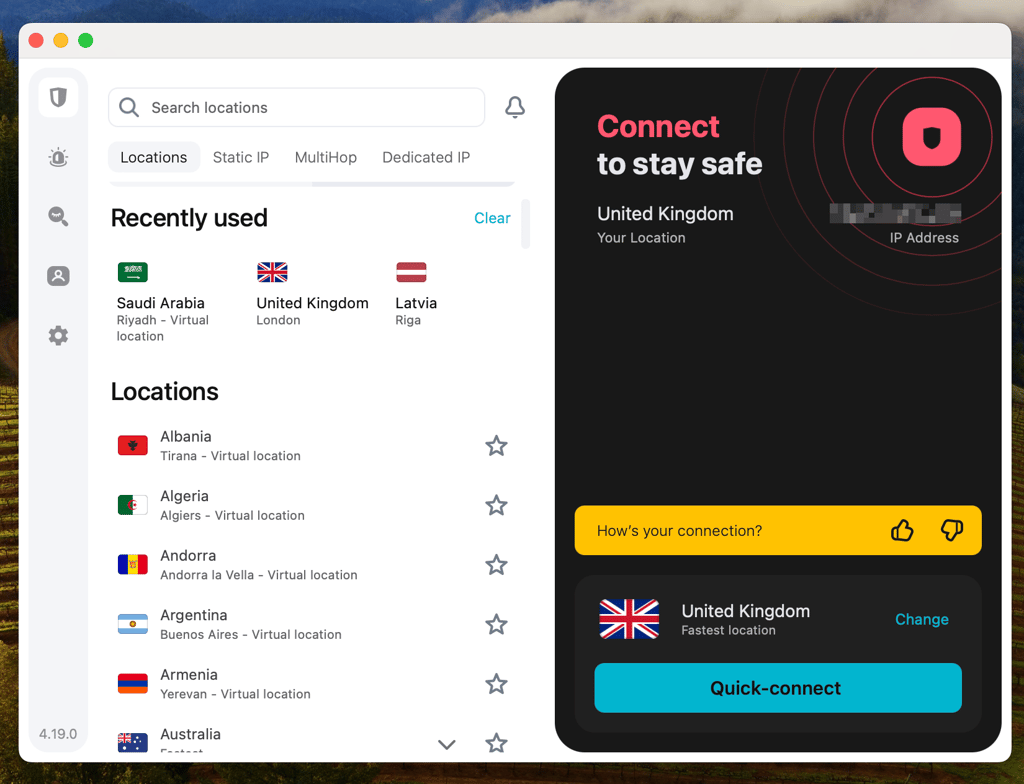 Surfshark desktop app's main page interface