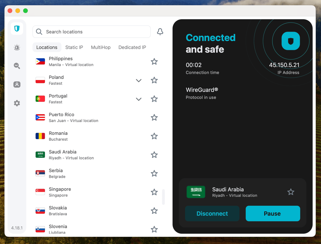 Surfshark connects to Saudi Arabia server via WireGuard