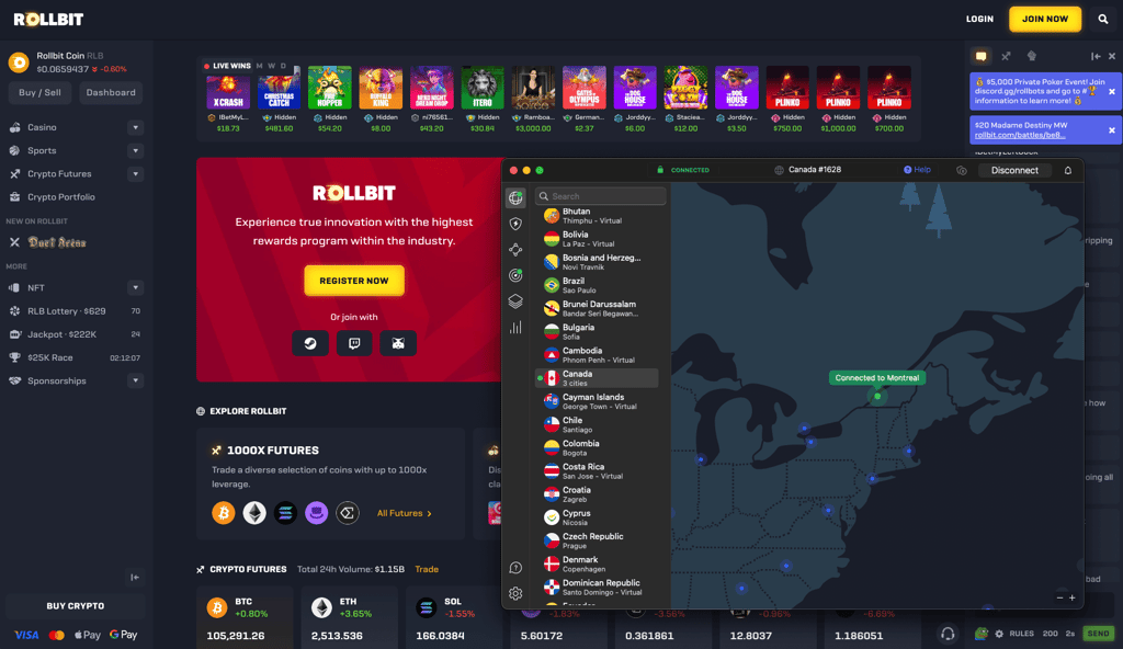 Rollbit unblocked with NordVPN Canada servers