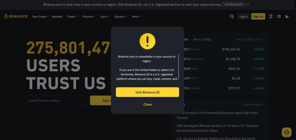 Binance is not available in the US