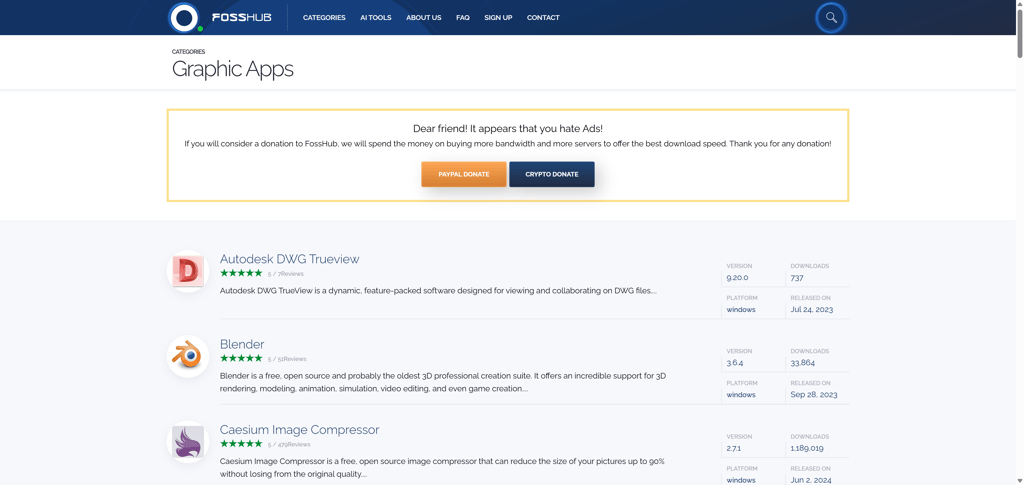 FossHub results page for graphic apps category