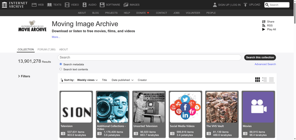 Internet Archive filter and search results