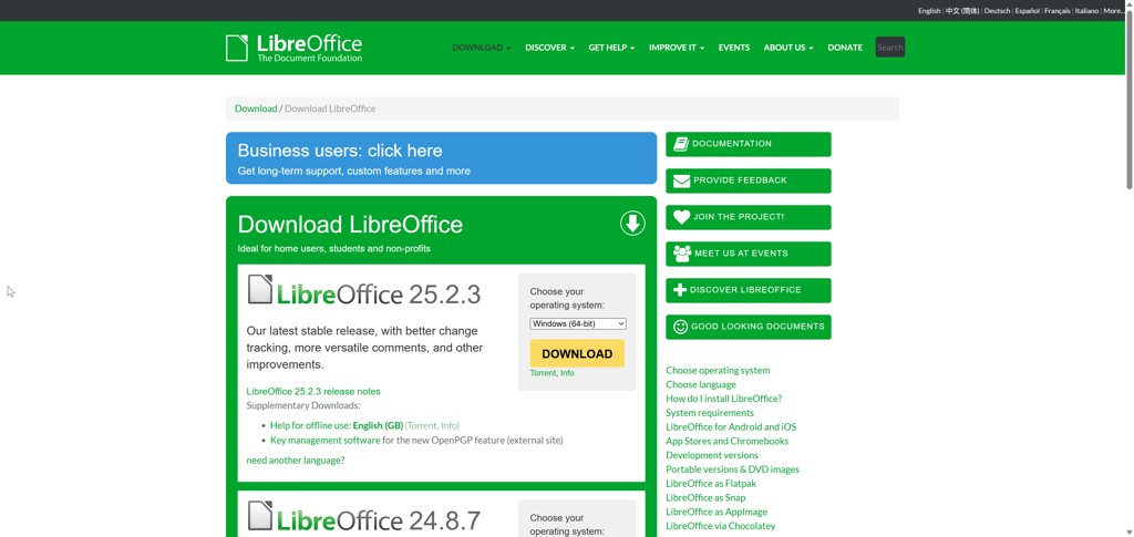 LibreOffice website main page