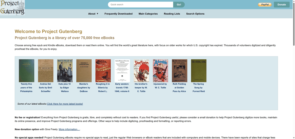 Project Gutenberg main website page