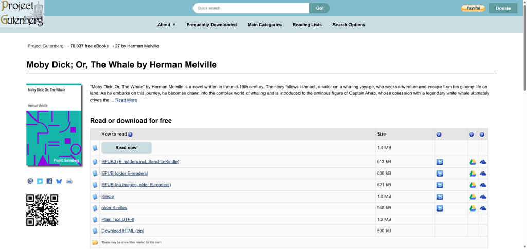 Project Gutenberg results on Moby Dick search