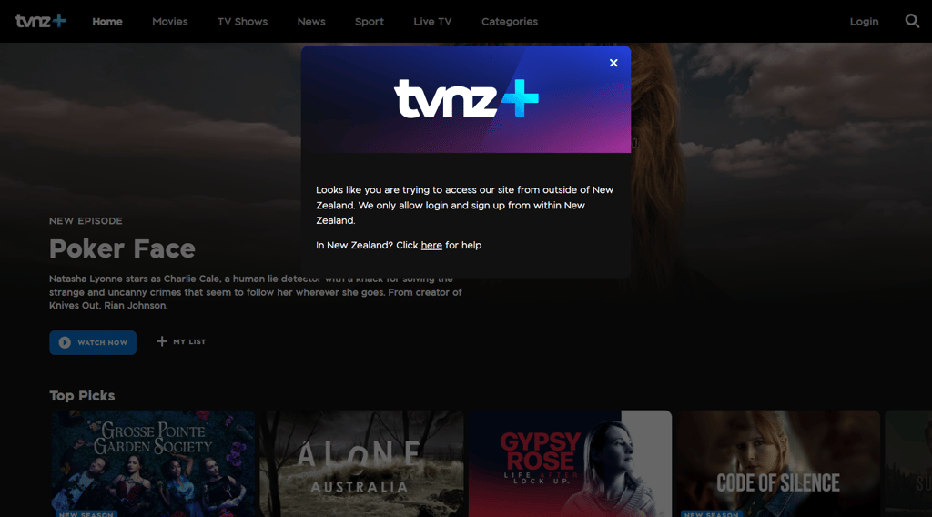TVNZ+ error message when accessing outside New Zealand