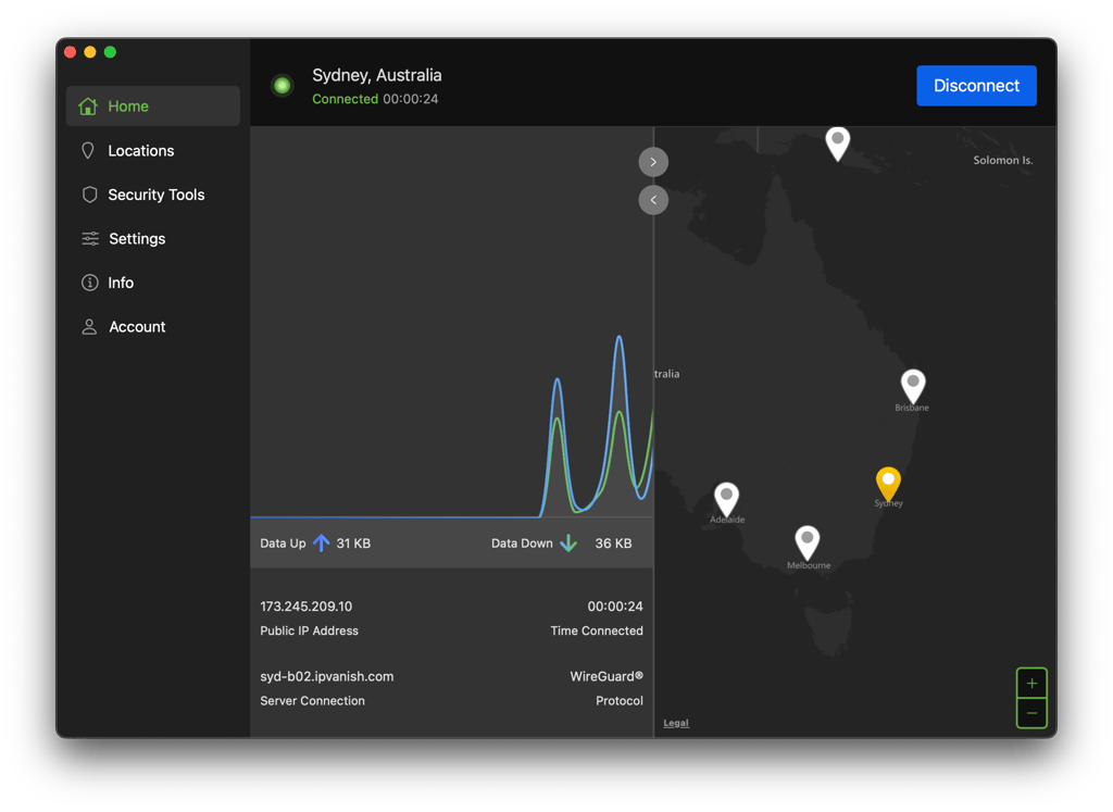 Connected to Sydney, Australia, via the IPVanish app