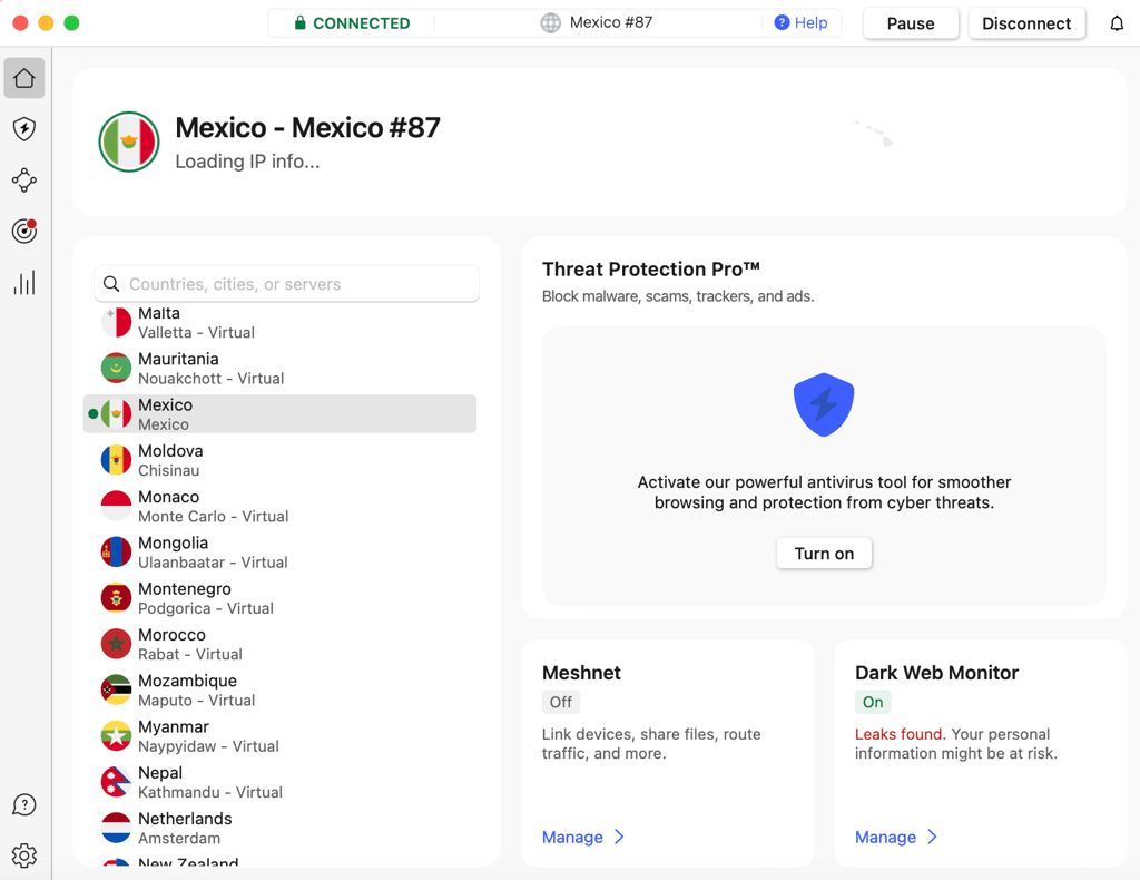 NordVPN connected to Mexico