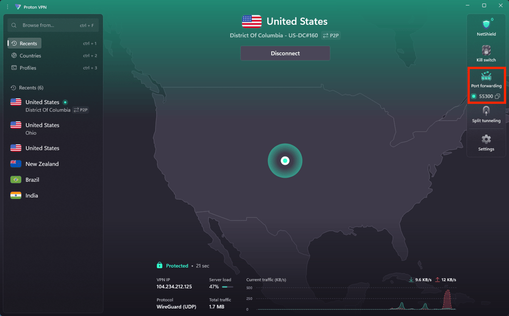 Proton VPN offers the best port forwarding performance with P2P servers