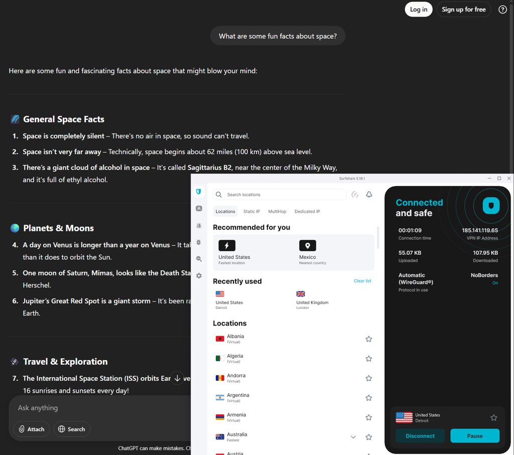 Surfshark connected to access ChatGPT