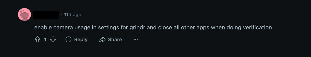Reddit user suggest enabling camera and closing all apps to access Grindr's age verification