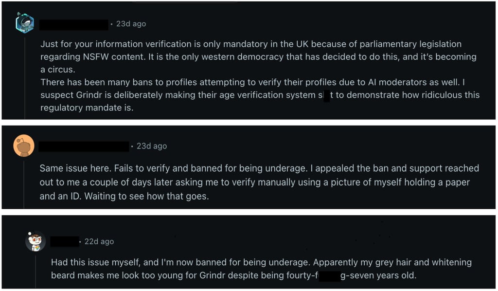 Grindr age verification comments on Reddit