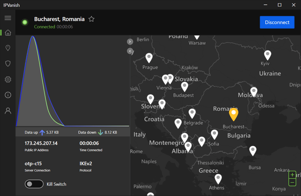 IPVanish connected to Bucharest, Romania