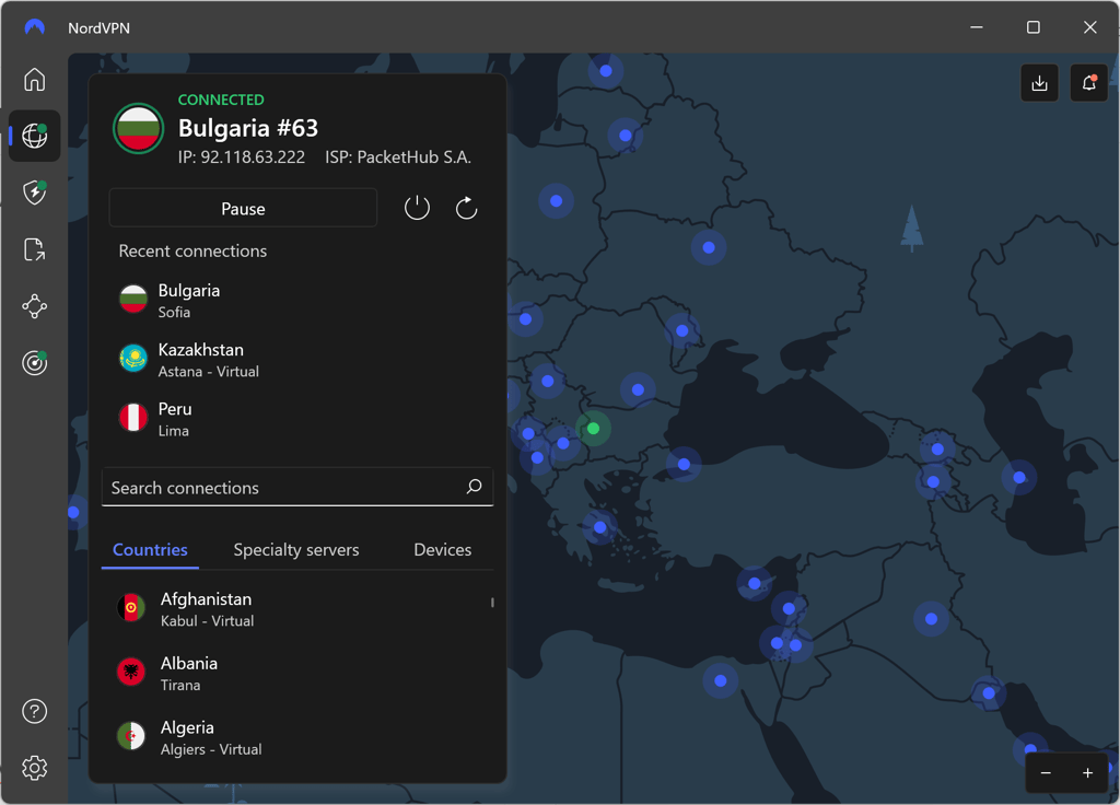 NordVPN connected to Bulgaria