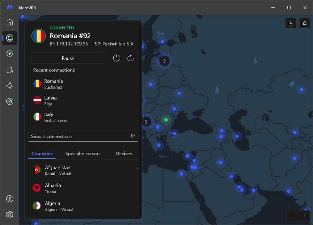 NordVPN connected to a server in Romania