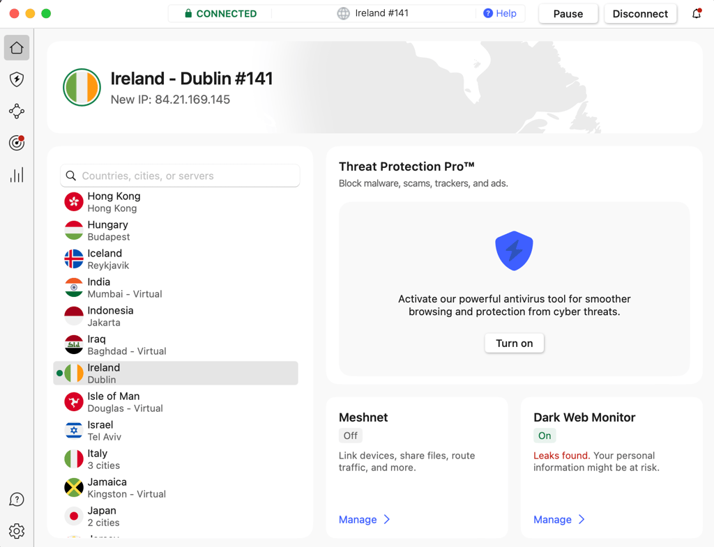 NordVPN connected to a server in Ireland