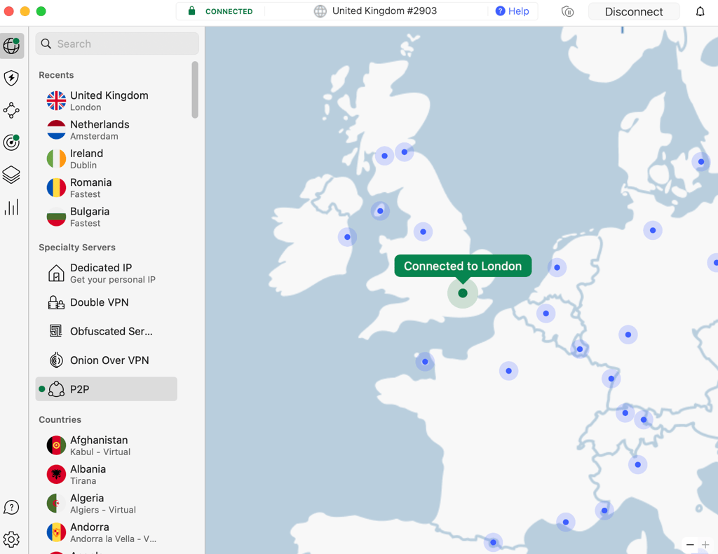 NordVPN connected to London to access Reading & Leeds 2025 live stream on BBC iPlayer