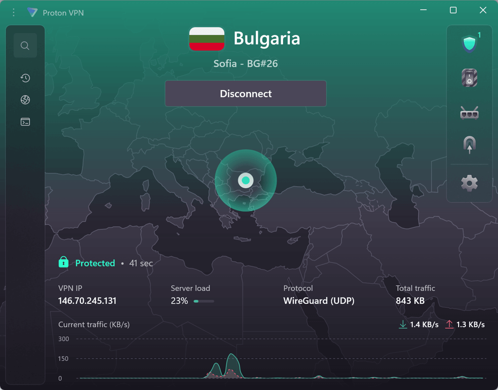 Proton VPN connected to Bulgaria