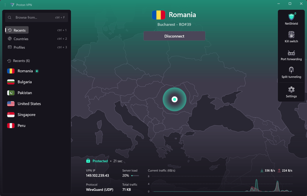 Proton VPN connected to a server in Bucharest, Romania