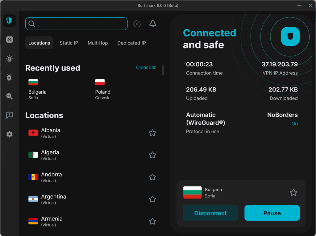 Surfshark connected to a Bulgarian server