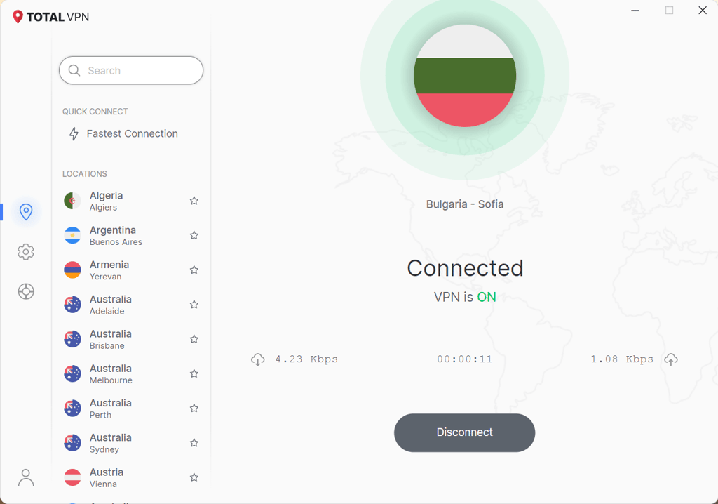 TotalVPN connected to one of its Bulgarian servers