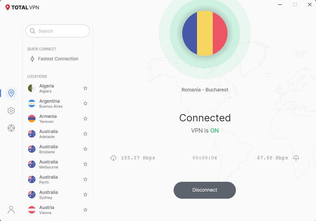 TotalVPN connected to a server in Bucharest, Romania
