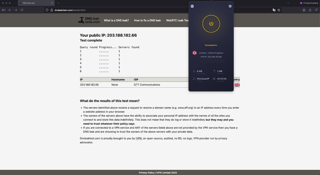 CyberGhost's DNS leak check