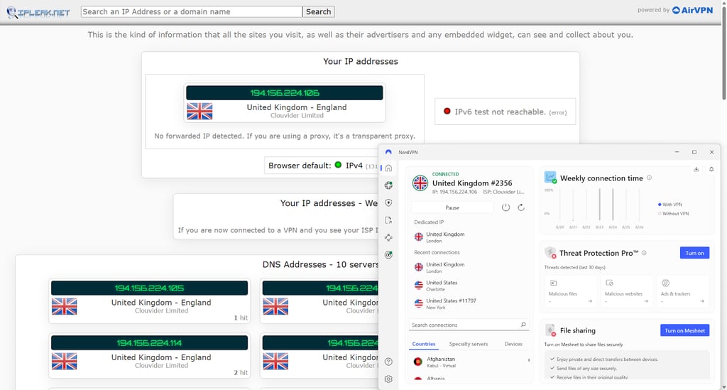 NordVPN's leak test results