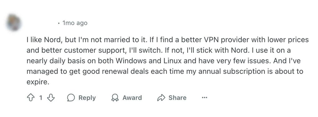 NordVPN review on Reddit