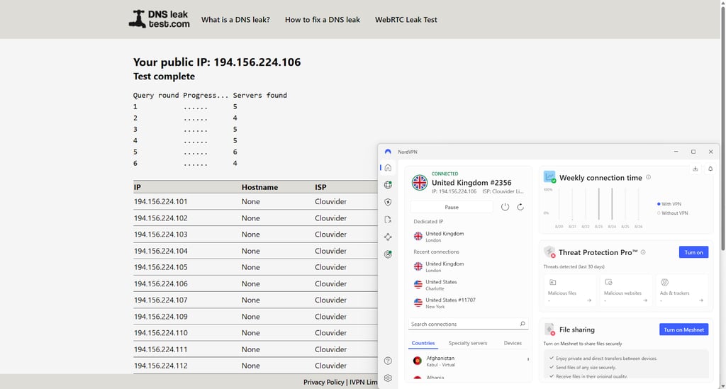 NordVPN's DNS leak check