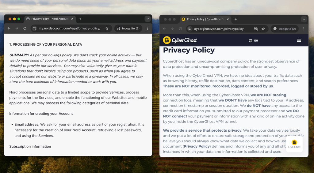 NordVPN's and CyberGhost's privacy policies