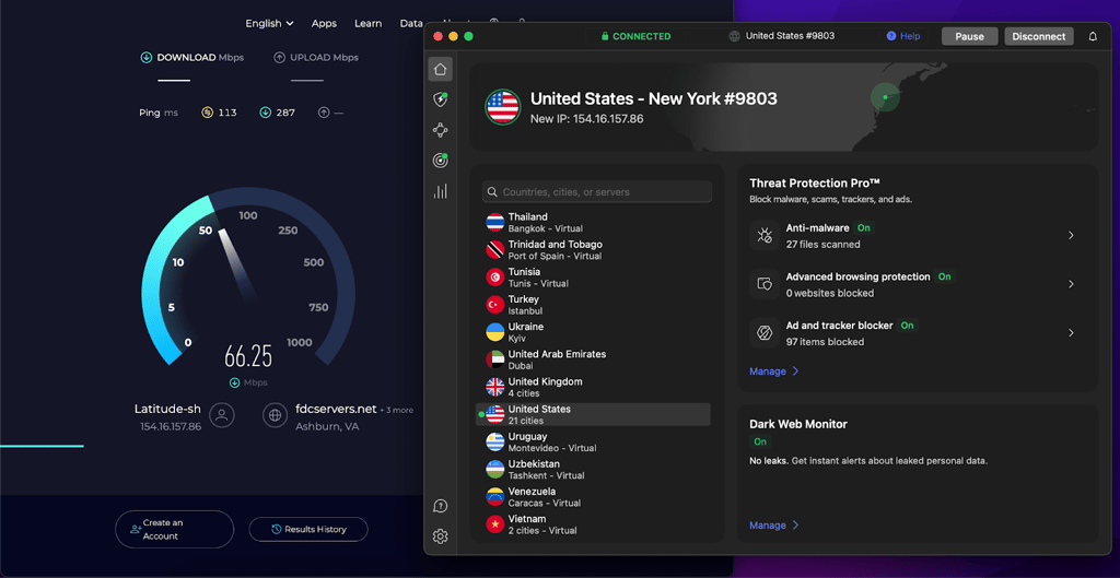 NordVPN's speed test results