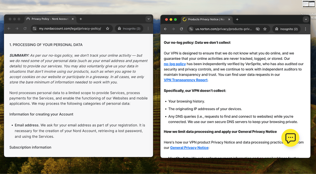 NordVPN's vs Norton VPN's privacy policies