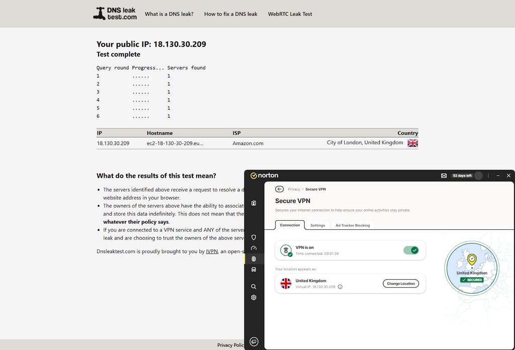 Norton VPN DNS leak test results