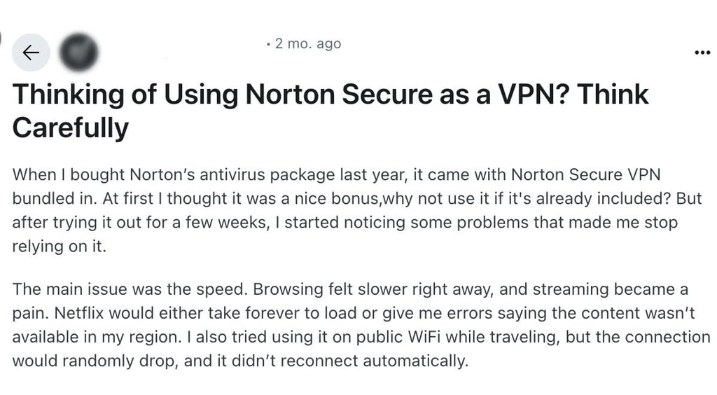 Norton VPN review on Reddit