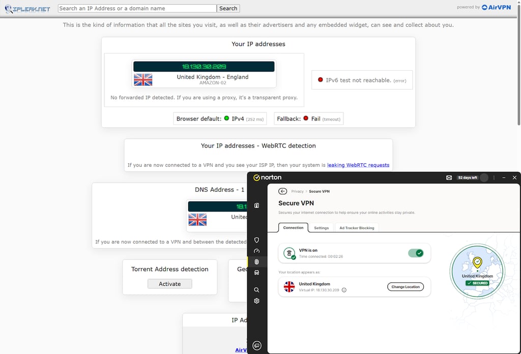 Norton VPN's leak test results