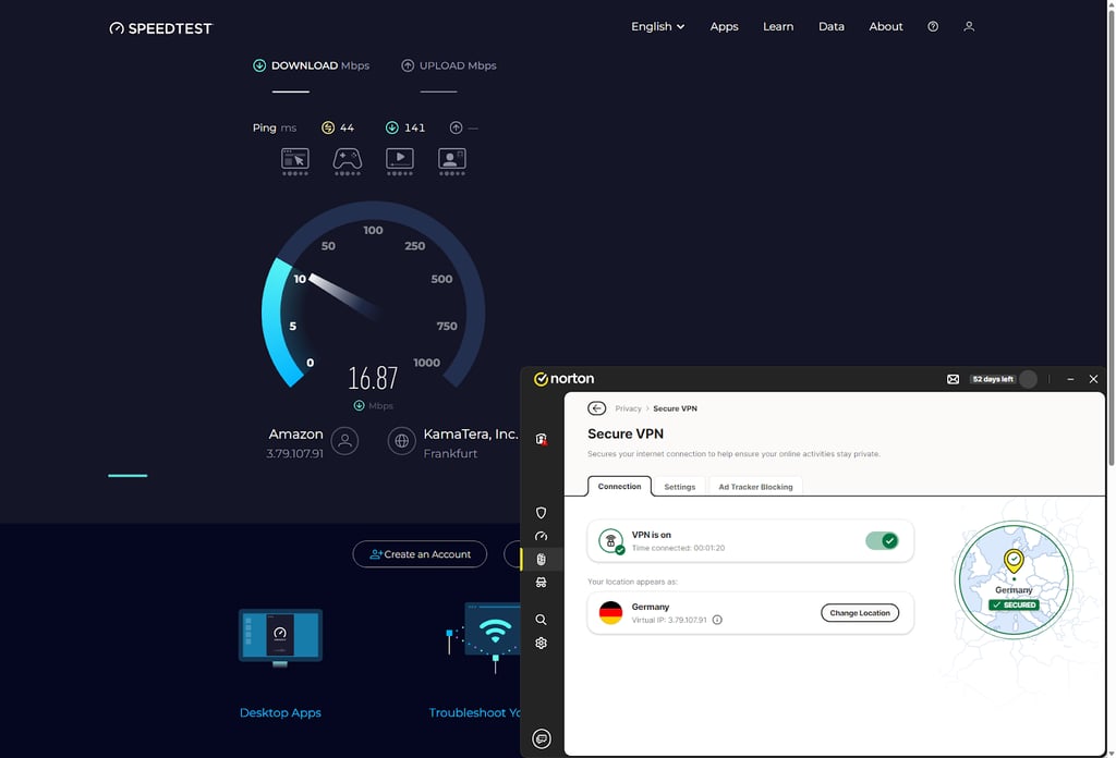 Norton VPN's speed test results