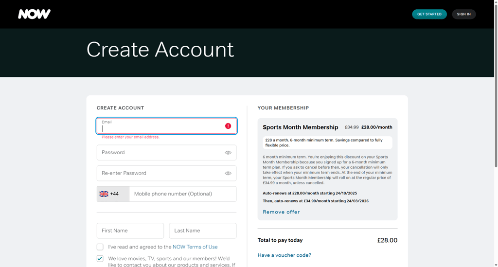 Now TV create account page