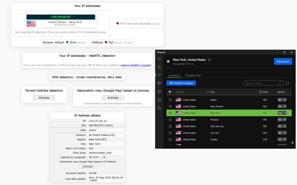 IPVanish's IP leak test results