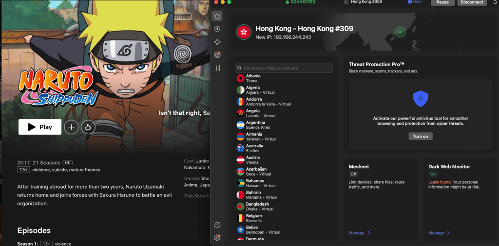 Naruto Shippuden is unblocked on Netflix with NordVPN's Hong Kong server