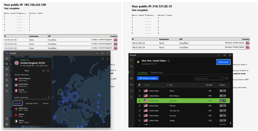 NordVPN's vs IPVanish's DNS leak results